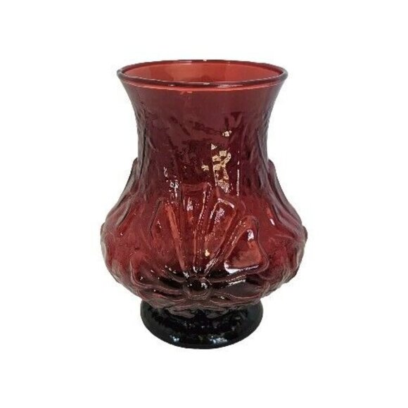 Anchor Hocking Rainflower Ruby Vase 5.5" floral red glass raised relief cosmos - Picture 2 of 12